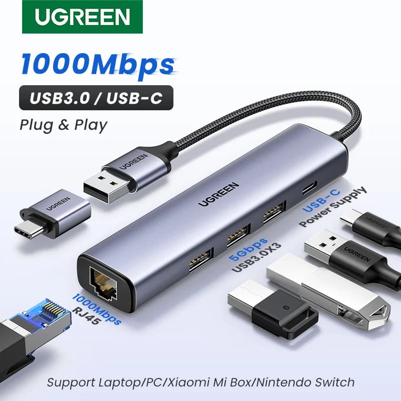 USB-C Ethernet adaptér so 1000Mbps RJ45 a USB hubom