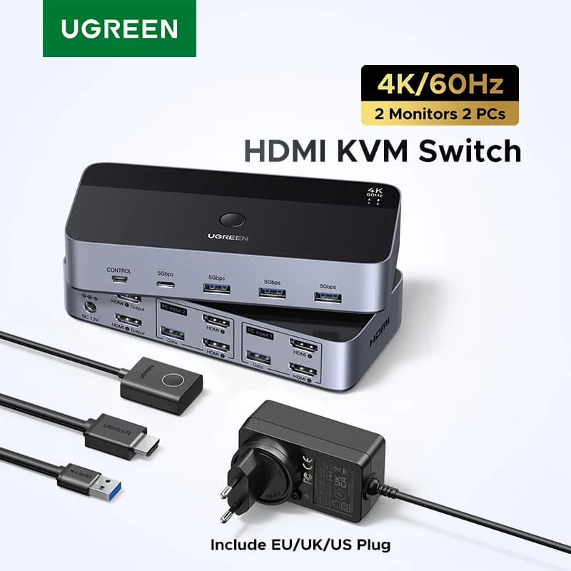 KVM prepínač pre dva monitory s HDMI a USB-C